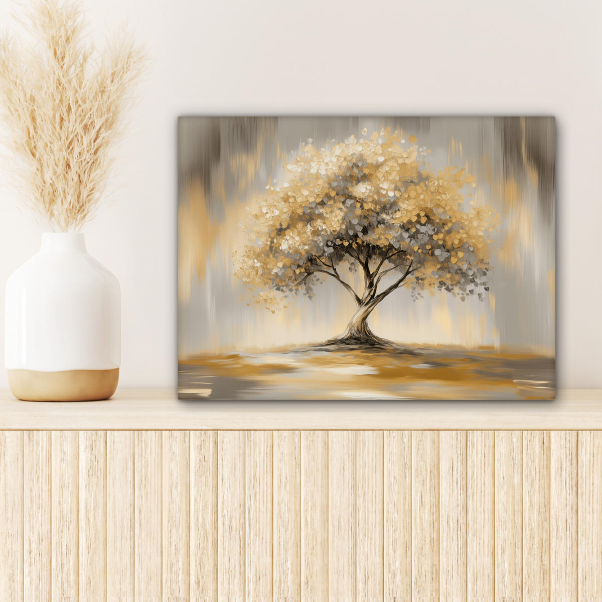 LEINWANDBILD Gemälde - Baum - Abstrakt - Blätter Wandbild 40x30 cm - Beige, Textil (40/30cm) - MuchoWow