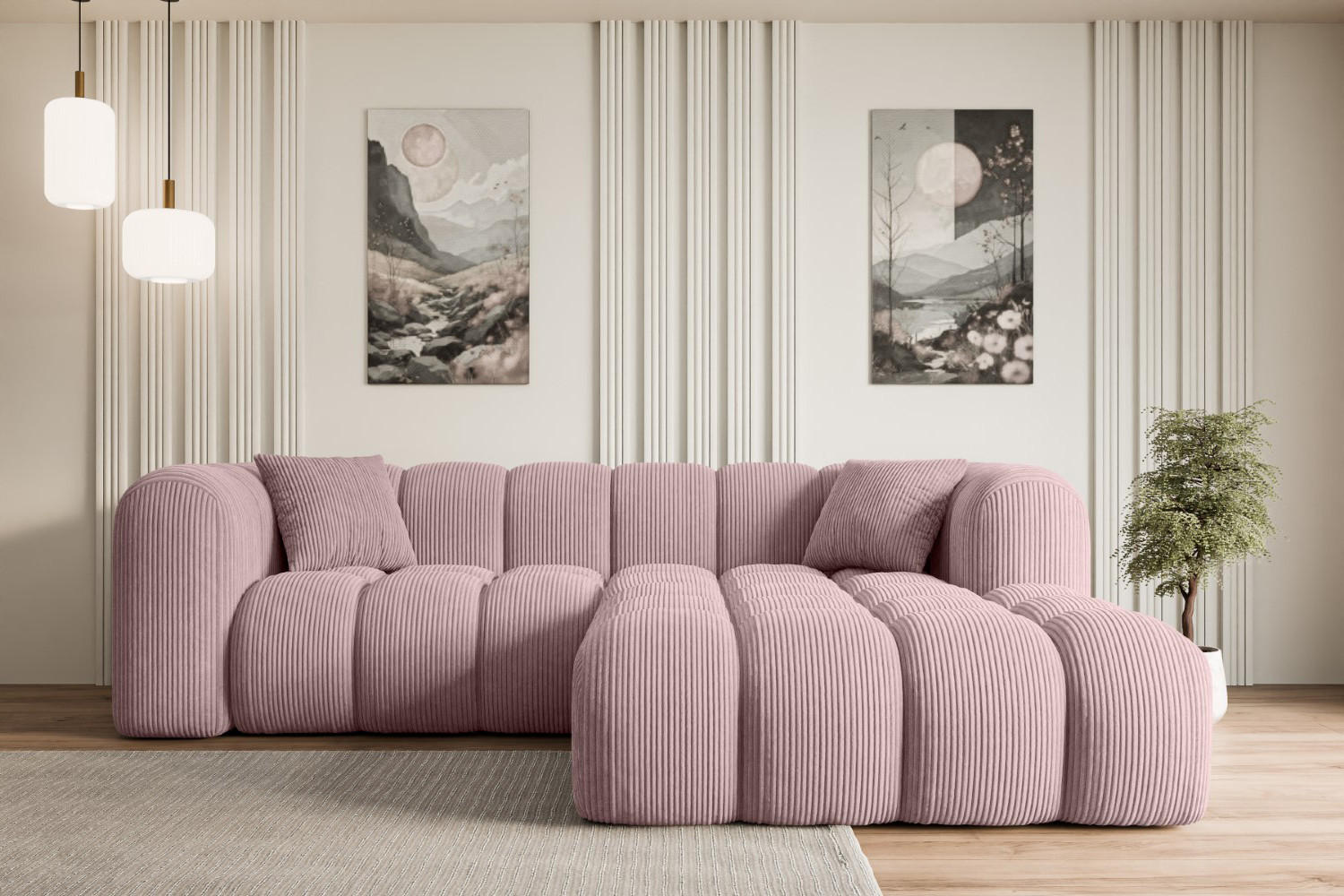 ECKSOFA Ottomane Rechts OLEA-L1 - 231x173x74 cm Rosa Cord - Schwarz/Rosa, Holzwerkstoff/Kunststoff (231/173cm) - ALTDECOR