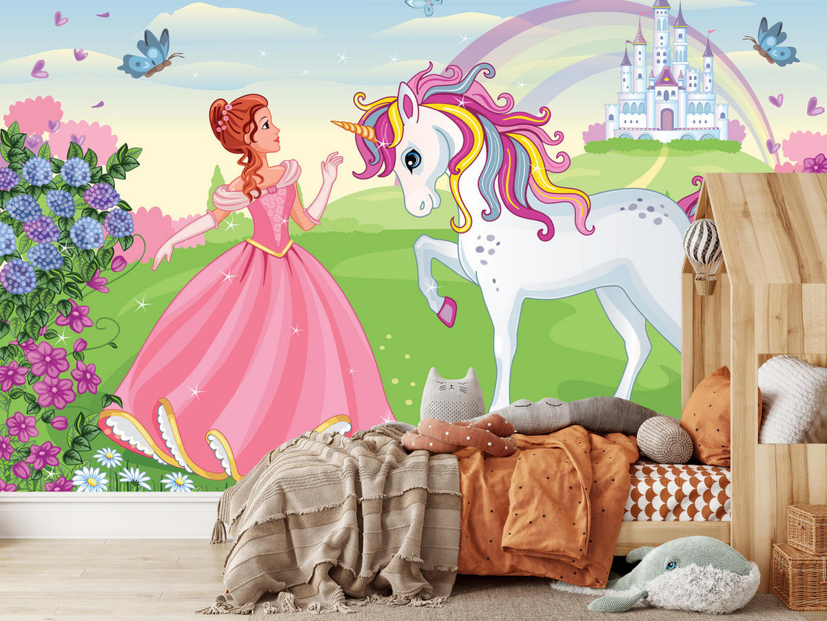 FOTOTAPETE für Kinderzimmer Prinzessin Einhorn Schloss Blumen 400x280 - Blau/Gelb, Papier (400/280cm) - Muralo