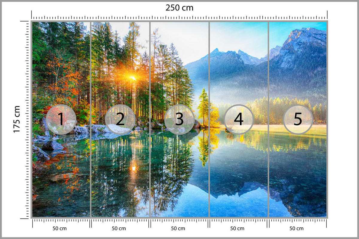 FOTOTAPETE für Schlafzimmer See Berge Bäume Sonnenuntergang Natur 250x175 - Gelb/Rot, Papier (250/175cm) - Muralo