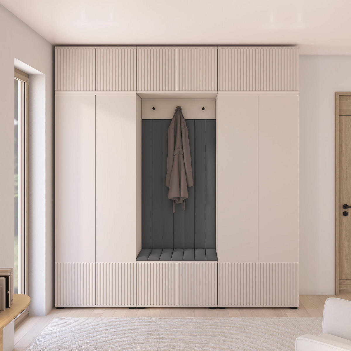 GARDEROBE Ritmo version 3 mit POLSTERPANEELEN DUNKELGRAU - Dunkelgrau/Beige, Holzwerkstoff (210/225/43cm) - Jerpax