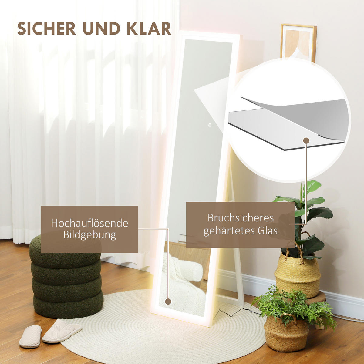 GANZKÖRPERSPIEGEL 40 x 160 cm Standspiegel mit LED Lichte, Weiß - Weiß, Glas (40/160/5cm) - HOMCOM