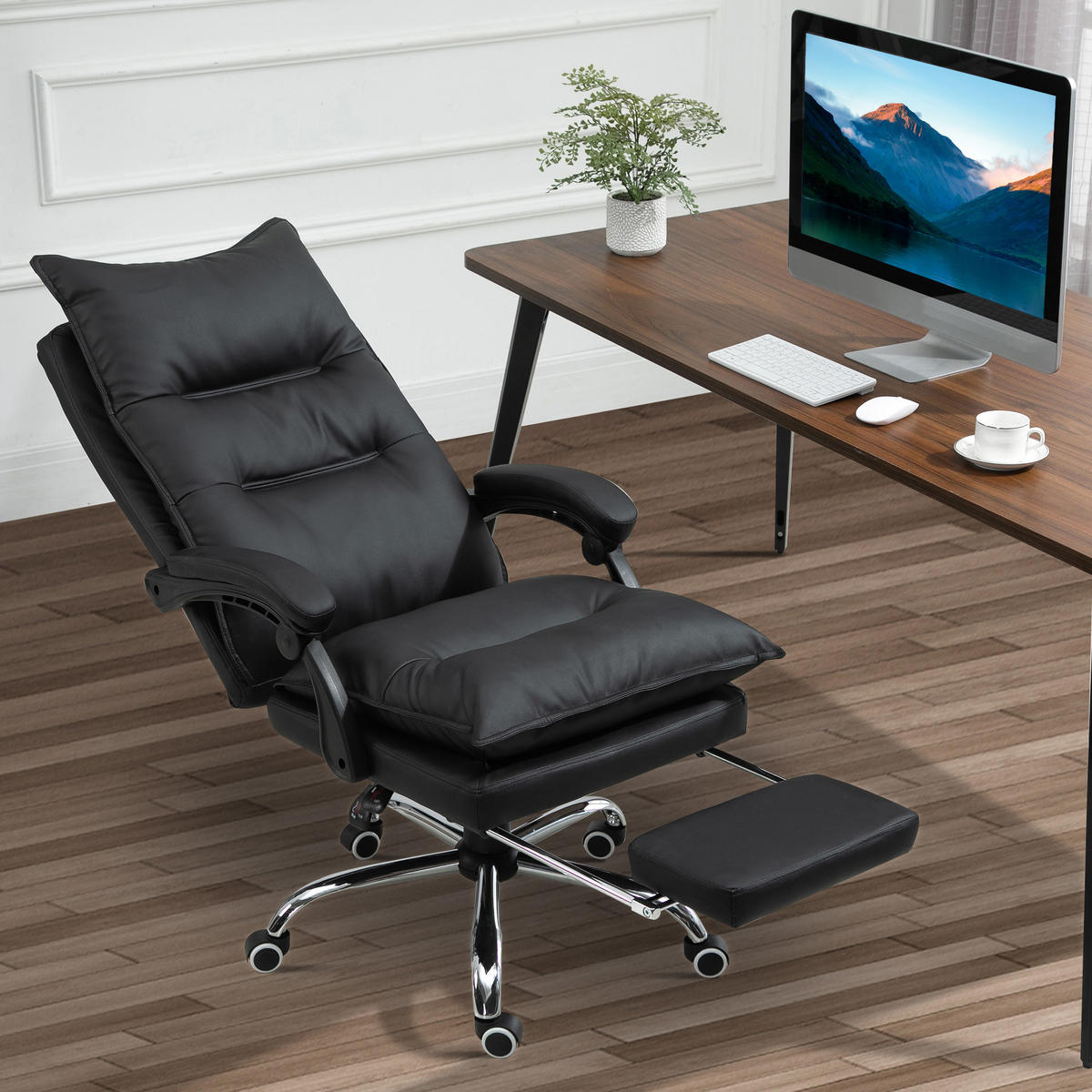 BÜROSTUHL mit Fußstütze Schreibtischstuhl Rückenlehne Kunstleder Schwarz - Schwarz, Kunststoff (72/130/66cm) - Vinsetto