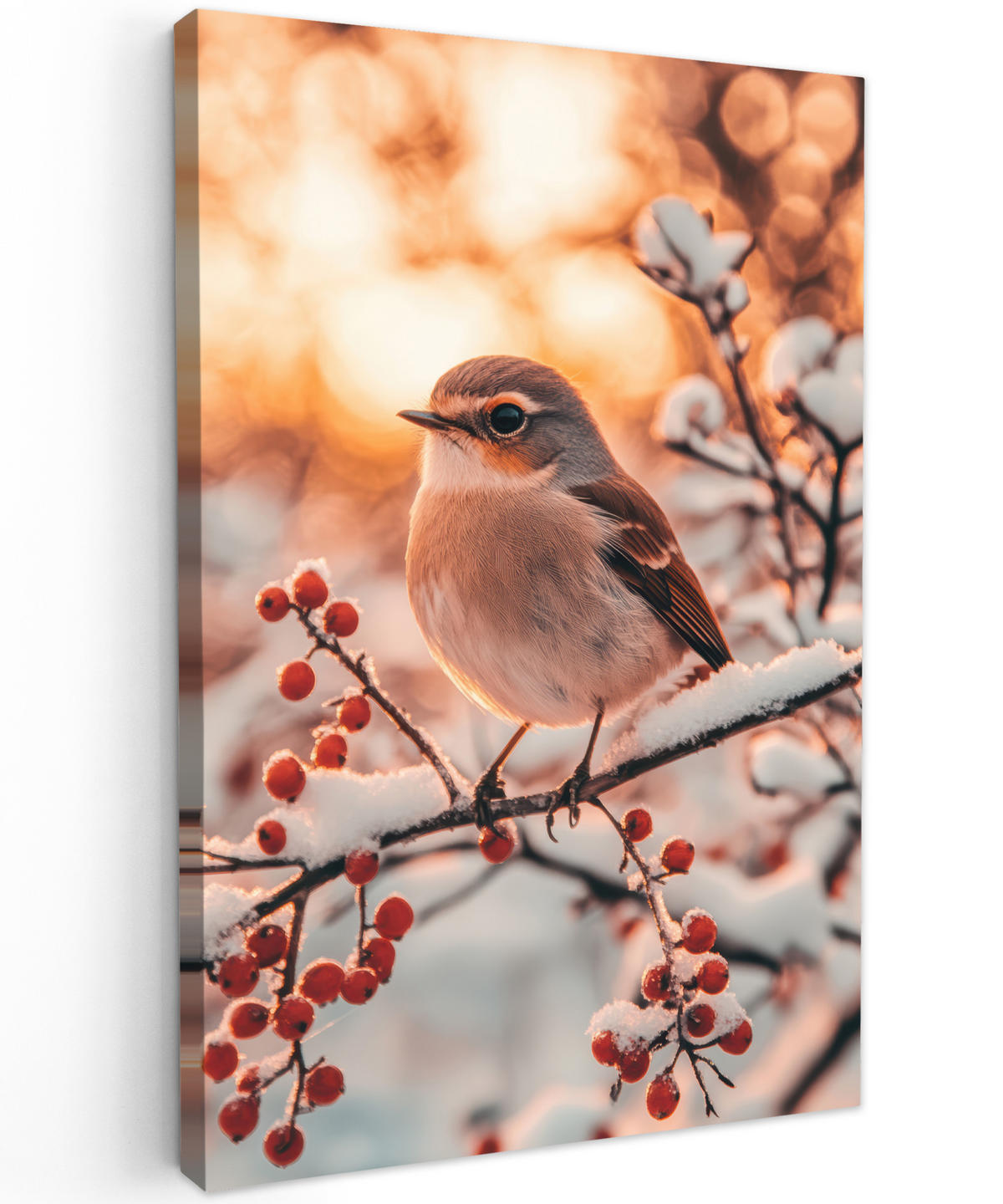 LEINWANDBILD Vogel - Zweig - Winter - Tiere - Schnee 90x140 cm - Bernsteinfarben, Textil (90/140cm) - MuchoWow