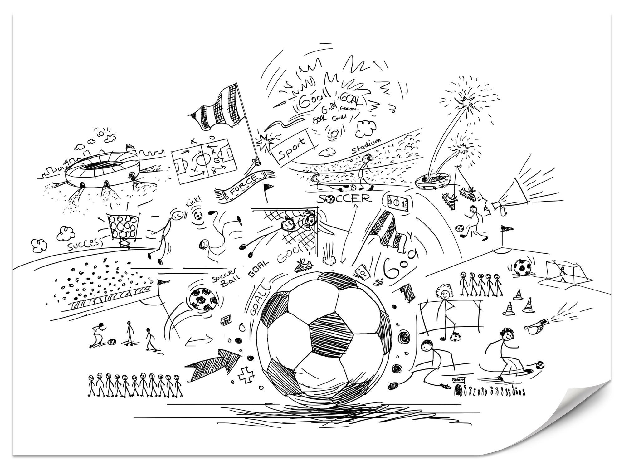 FOTOTAPETE für Kinderzimmer Fußball Skizzen Tor Stadion Sport 450x315 - Schwarz/Weiß, Papier (450/315cm) - Muralo