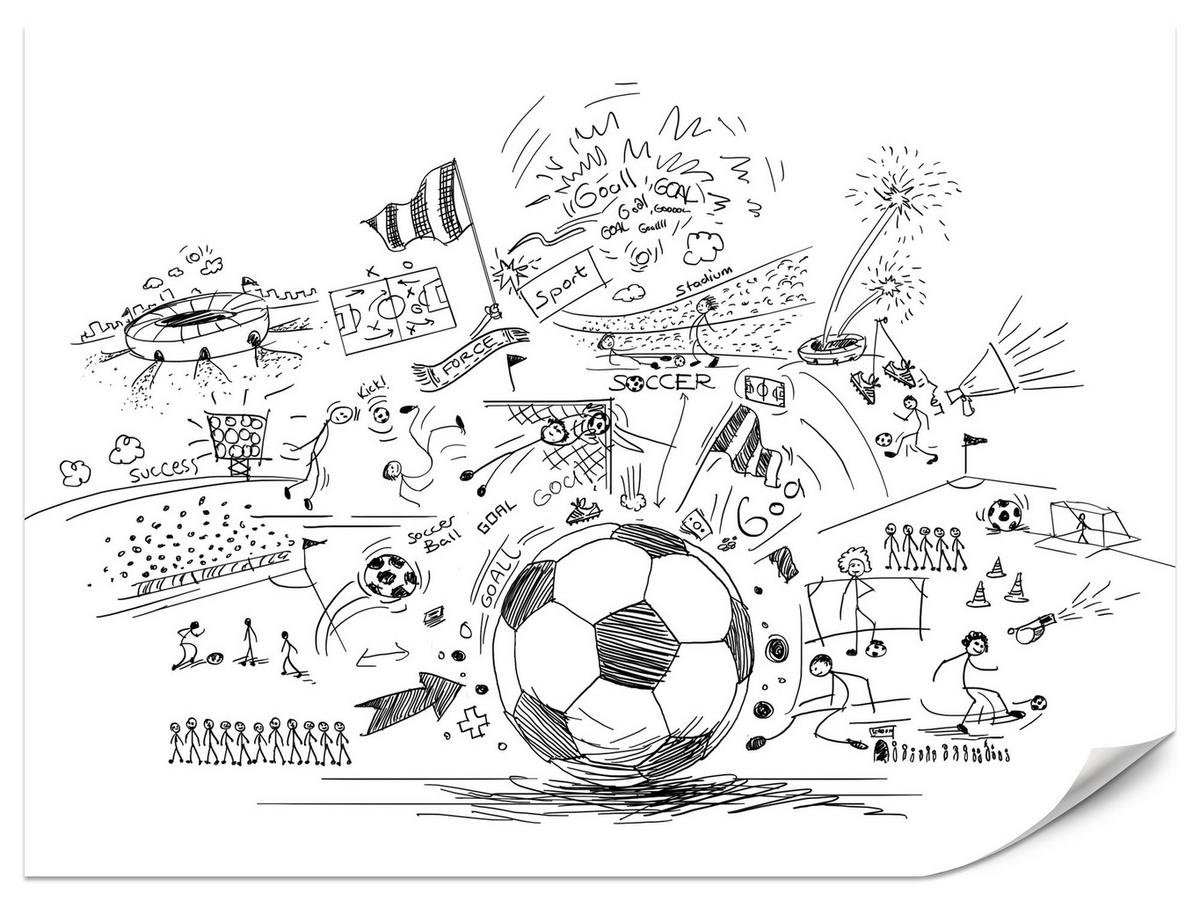FOTOTAPETE für Kinderzimmer Fußball Skizzen Tor Stadion Sport 450x315 - Schwarz/Weiß, Papier (450/315cm) - Muralo