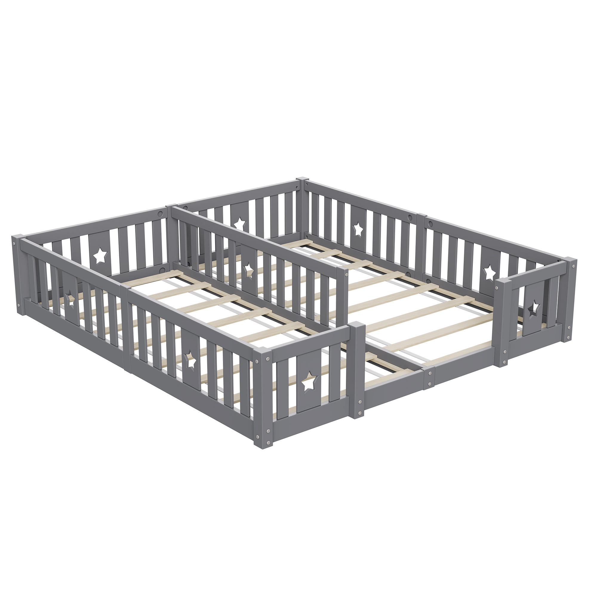 MONTESSORIBETT Klassisch mit Lattenrost & Sterne-Zaun 2x 90/200 cm Kiefer-Massivholz Grau - Grau, Holz (180/200cm) - Creahappy