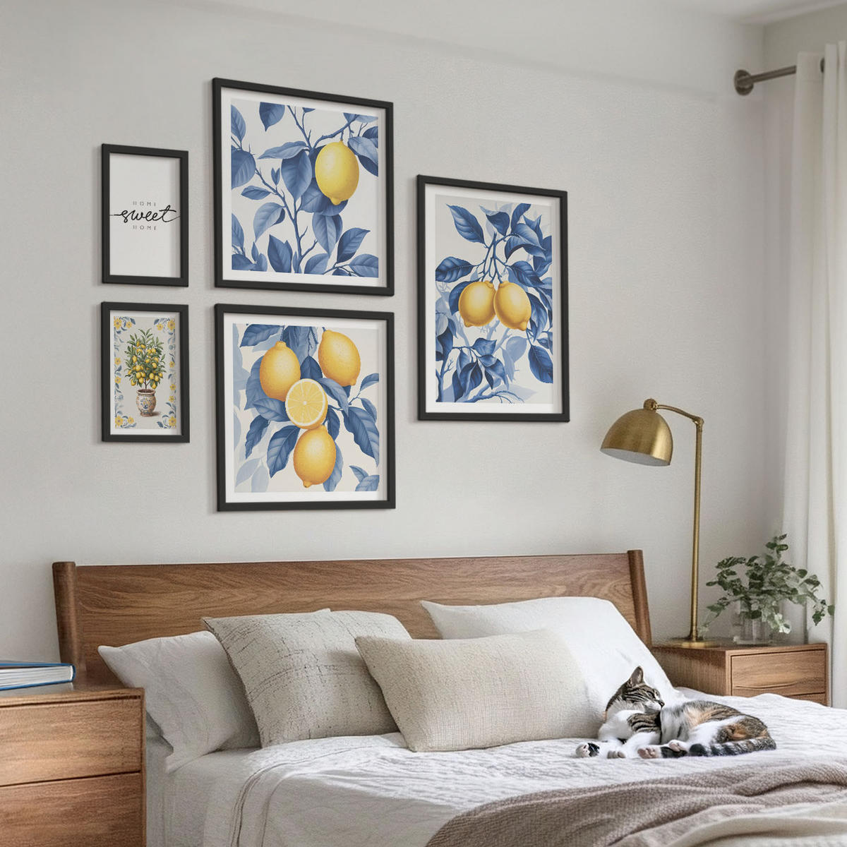 WANDBILDER 5er-Set - 50x50 cm & 20x30 cm & 40x60 cm Schwarzer Rahmen - Zitronenzweige mit blauen Blättern - Schwarz, Kunststoff (40/60cm) - ArtPrintCave