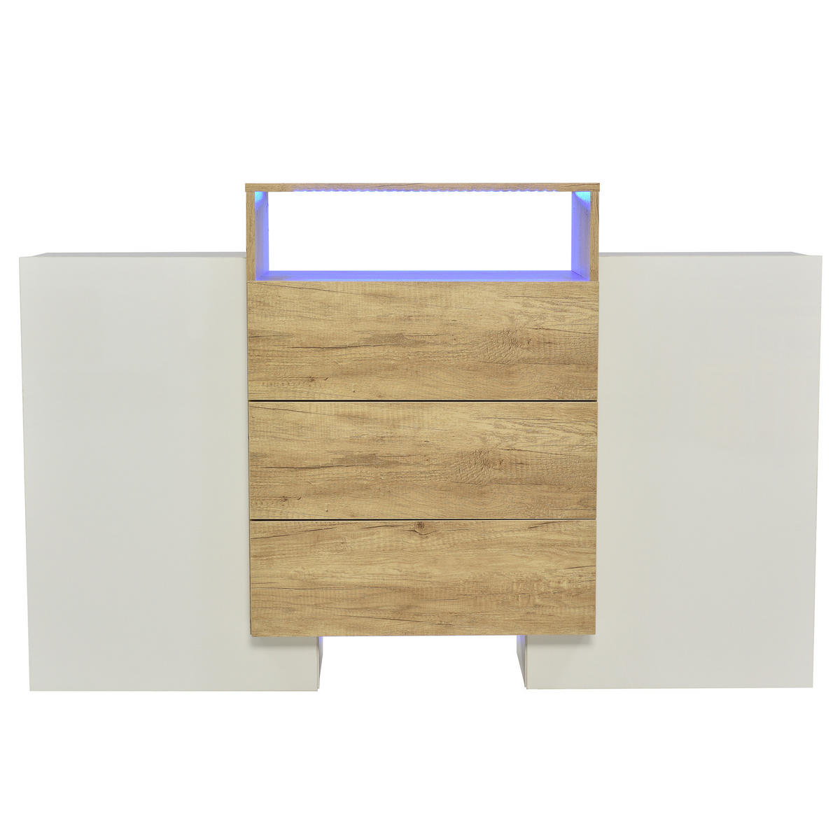 SIDEBOARD 140/30/77,5 cm in Weiß/Natur mit LED-Beleuchtung und 3 Schubladen - Naturfarben, Holzwerkstoff (140/77/30cm) - Flora Grace