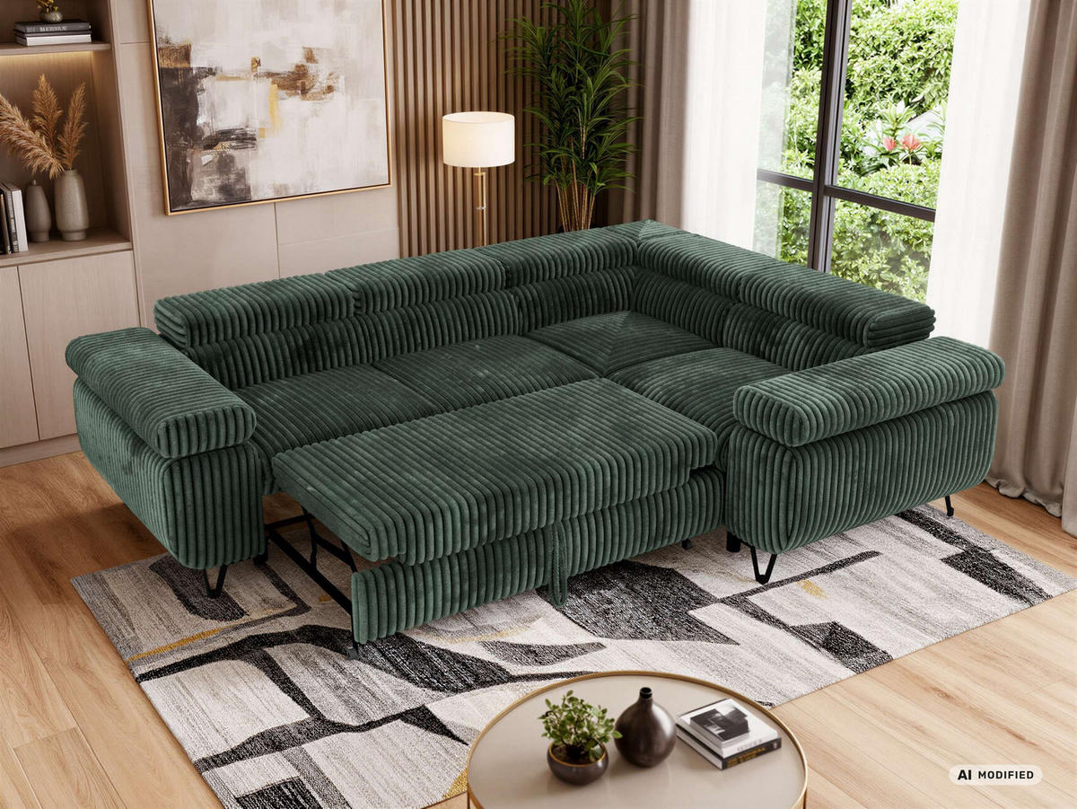 ECKSOFA FALCO L - Dunkelgrün Cord - Rechts Seite - Dunkelgrün/Schwarz, Textil/Metall (268/197cm) - MKS