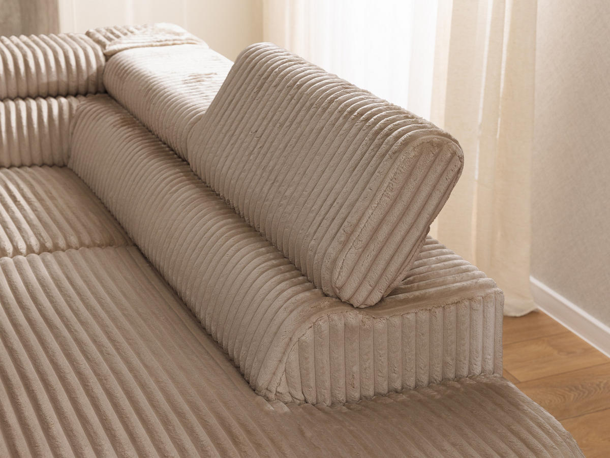 ECKSOFA mit Schlaffunktion und Bettkasten Bonnie aus Beige Cord-Stoff mit verstellbaren Kopfstützen und Armlehne - Ottomane rechts - Ecru/Beige, Holz/Textil (275/210cm) - S-Style Möbel