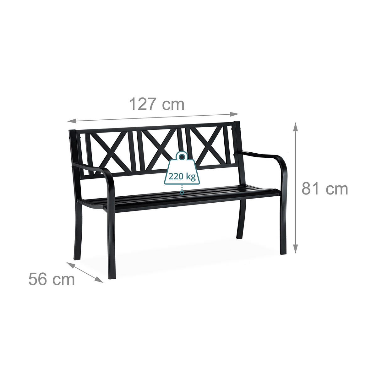 GARTENBANK Schwarz Stahl 2-Sitzer 127 cm - Schwarz, Metall (127/81/56cm) - Relaxdays