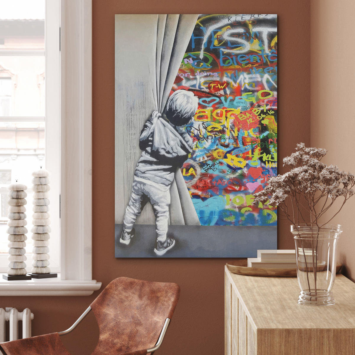 AKUSTIKBILD Graffiti - Junge - Ilussie - Straßenkunst Wanddeko 70x100 cm - Hellgrau, Textil (70/100/0.9cm) - MuchoWow