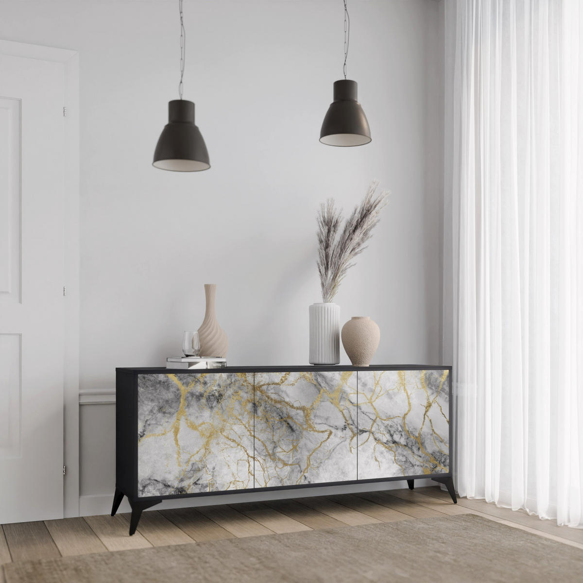 SIDEBOARD TIMELESS GLIDE, Eicheneffekt, 164,5x42x77,5 cm, 3 Türen - Eichefarben/Buchefarben, Holzwerkstoff/Buchenholz (164.5/77.5/42cm) - SpaceRebels