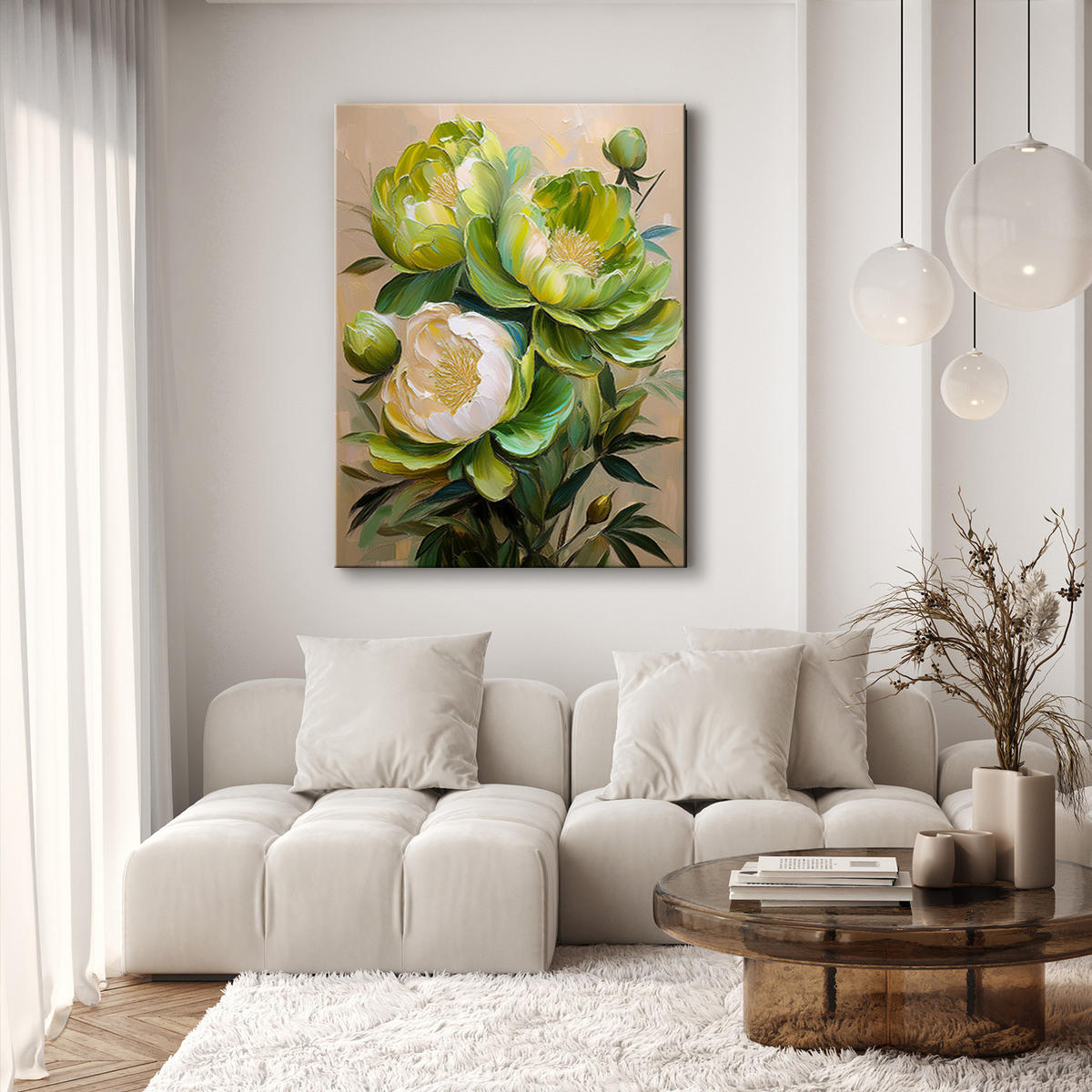 WANDBILD gemalte pfingstrosen blumen grün - Grün, Textil (40/60cm) - Feeby