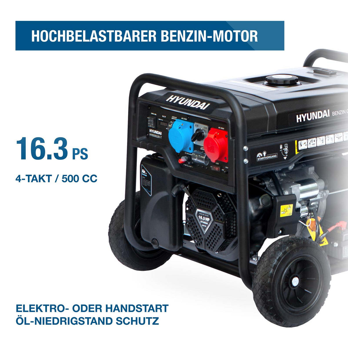 BENZIN Generator HY8500LEK-T (7.7 kW, Elektrostart, 1 x 230V + 1 x 400V, 16.3 PS) - Schwarz, Metall (75/75/65cm) - HYUNDAI