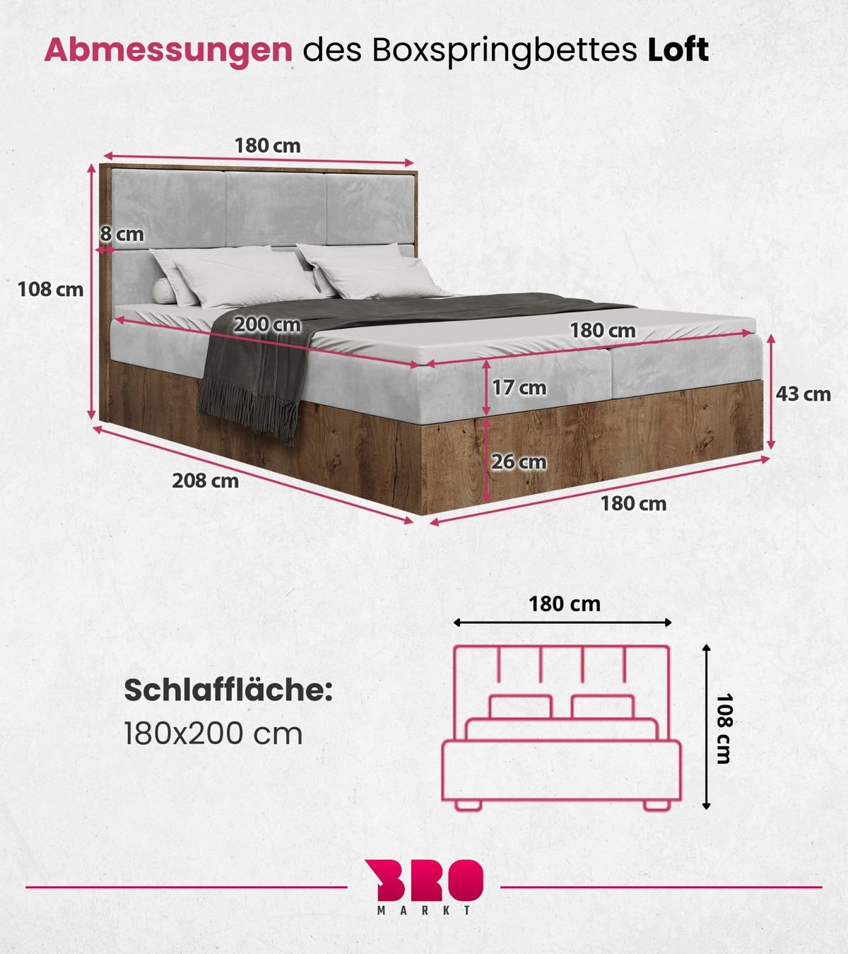 BOXBETT Loft mit Topper 180/200 Grau - Hellgrau, Holzwerkstoff/Textil (180/200cm) - Bromarkt