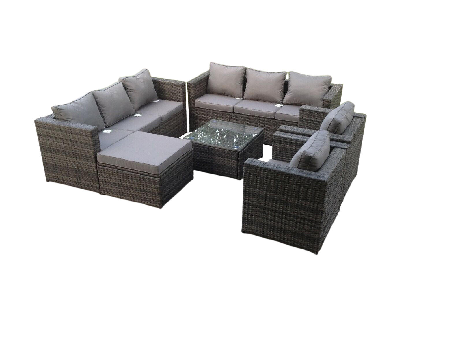 GARTENMÖBELSET mit Couchtisch Polyrattan 9-Sitzer - Dunkelgrau/Grau, Glas/Kunststoff - Fimous