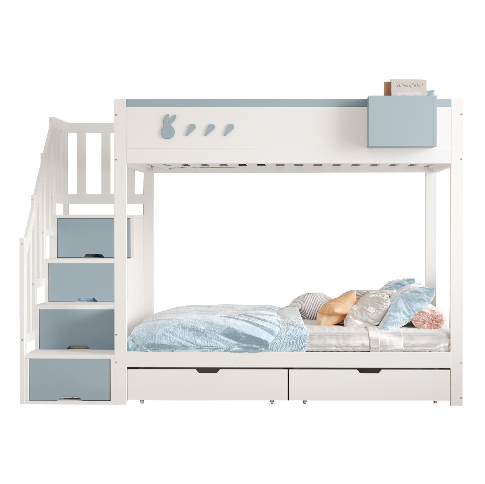 ETAGENBETT 90/200 cm Weiß+Blau mit Kaninchenmotiven und abnehmbaren Ablagefach - Blau/Weiß, Holz (90/200cm) - OKWISH