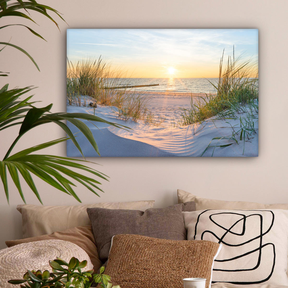 LEINWANDBILD Strand - Sonne - Düne - Gras - Sand - Horizont Gemälde 60x40 cm - Hellblau, Textil (60/40cm) - MuchoWow