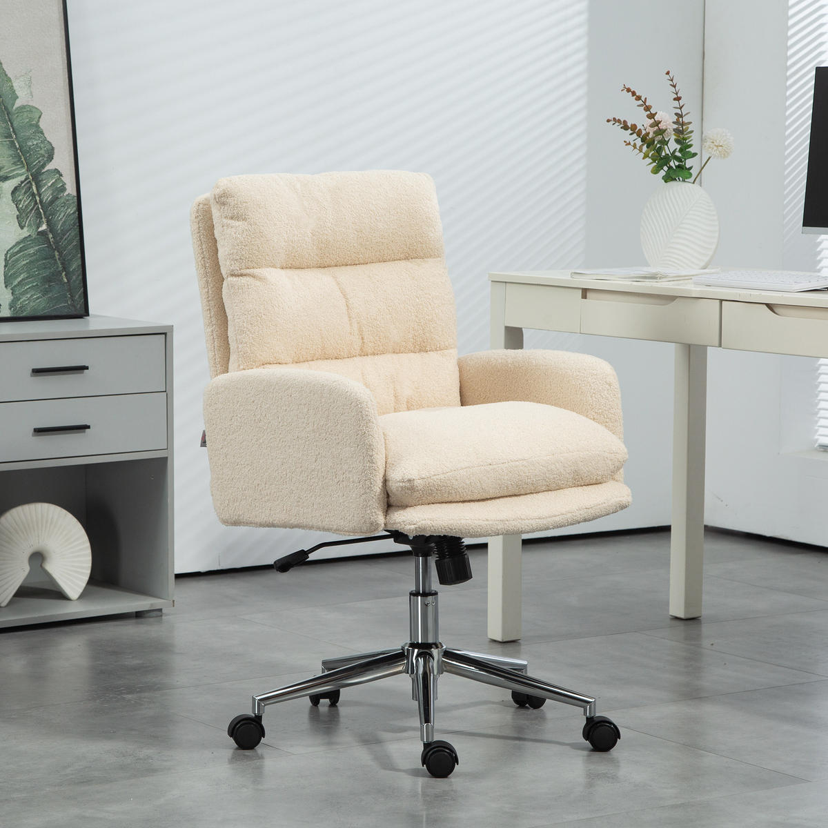 BÜROSTUHL Ergonomischer Schreibtischstuhl mit Armlehne, Lammwolle-Optik Creme - Creme, Kunststoff (58/99/67cm) - HOMCOM