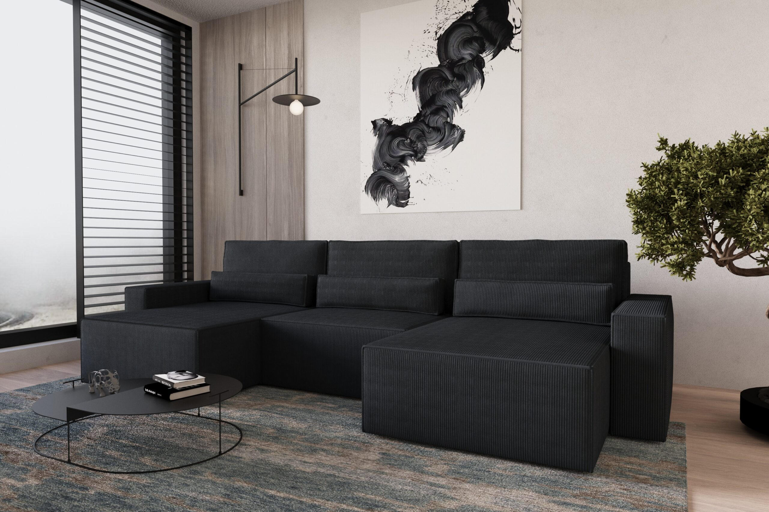 Thumbnail - Möblo Wohnlandschaft, Schwarz, Holzwerkstoff, 4-Sitzer, U-Form, 350x92x162 cm, Wohnzimmer, Sofas & Couches, Wohnlandscha...
