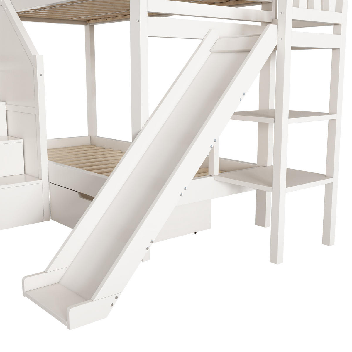 ETAGENBETT 90x200 cm in Weiß mit Rutsche & Stauraum - Weiß, Holzwerkstoff (90/200cm) - Modfu