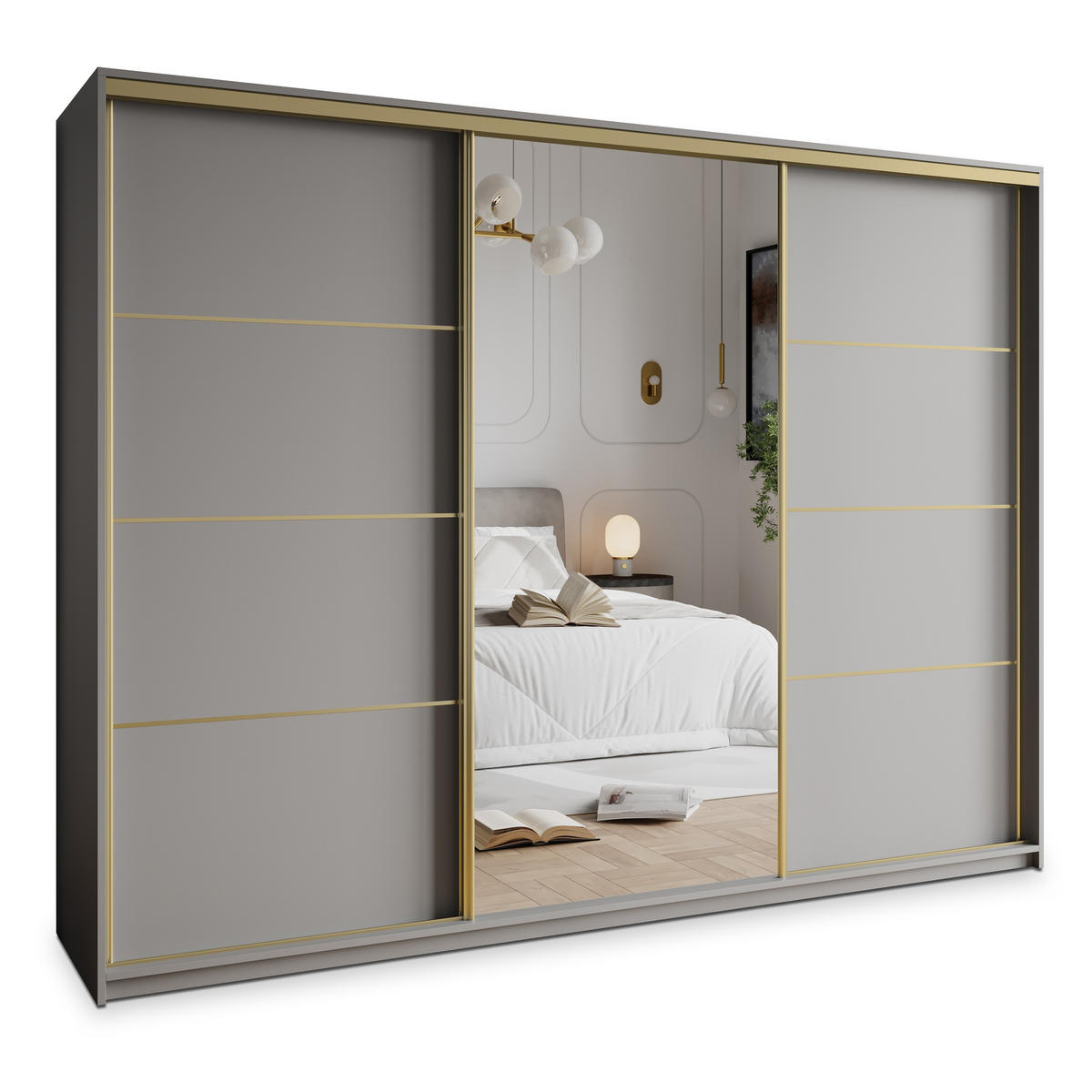 SCHWEBETÜRENSCHRANK VARO 250/205/60 cm 3-türig mit Spiegel und Schubladen Graphitfarben - Goldfarben/Graphitfarben, Holzwerkstoff (250/205/60cm) - MASSENO