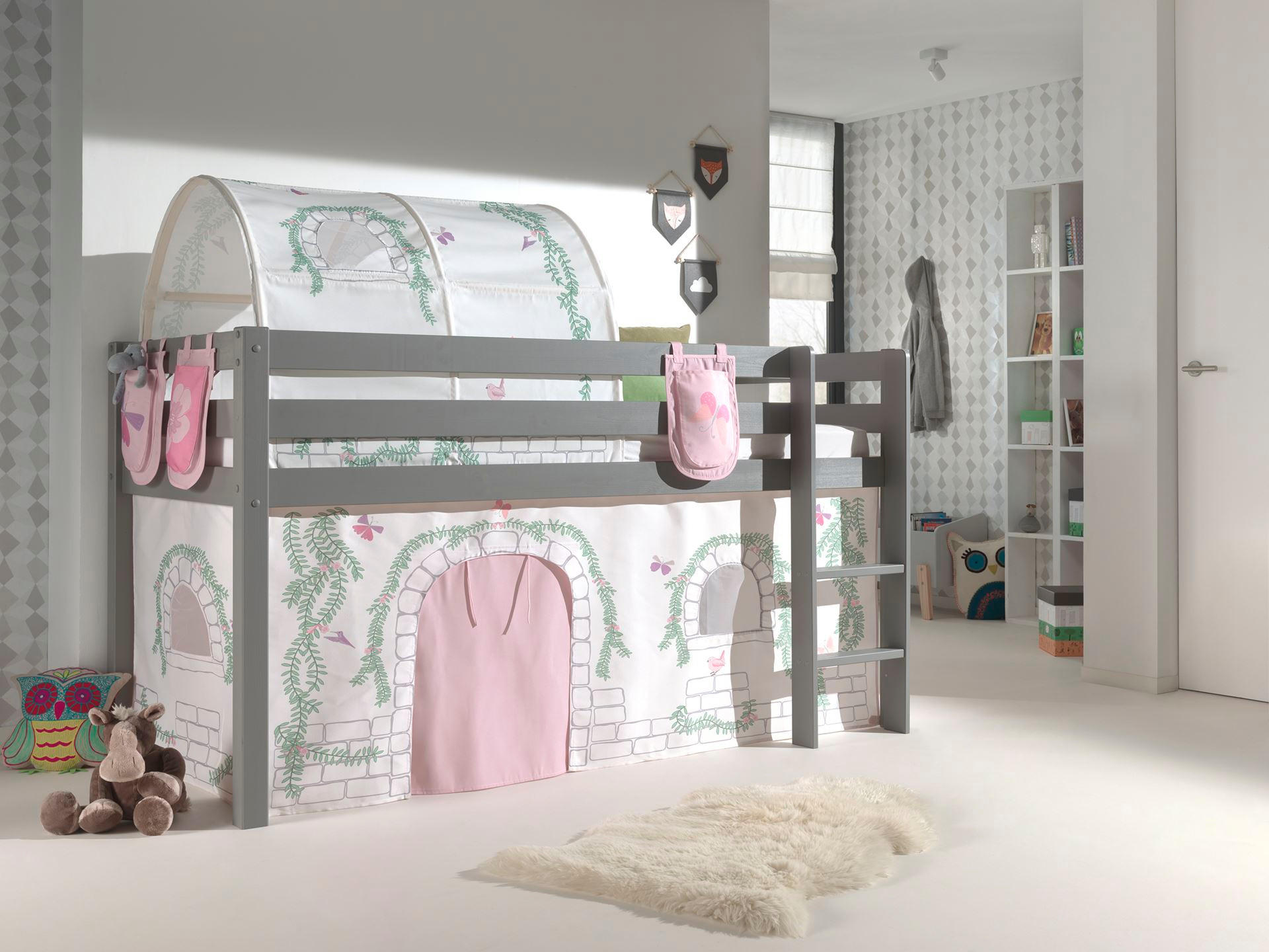 KINDERBETT Karolina 210x114x106 Massivholz Grau Textilset Burg 4 - Hellgrau/Grau, Holz (90/200cm) - 58aufmkessel
