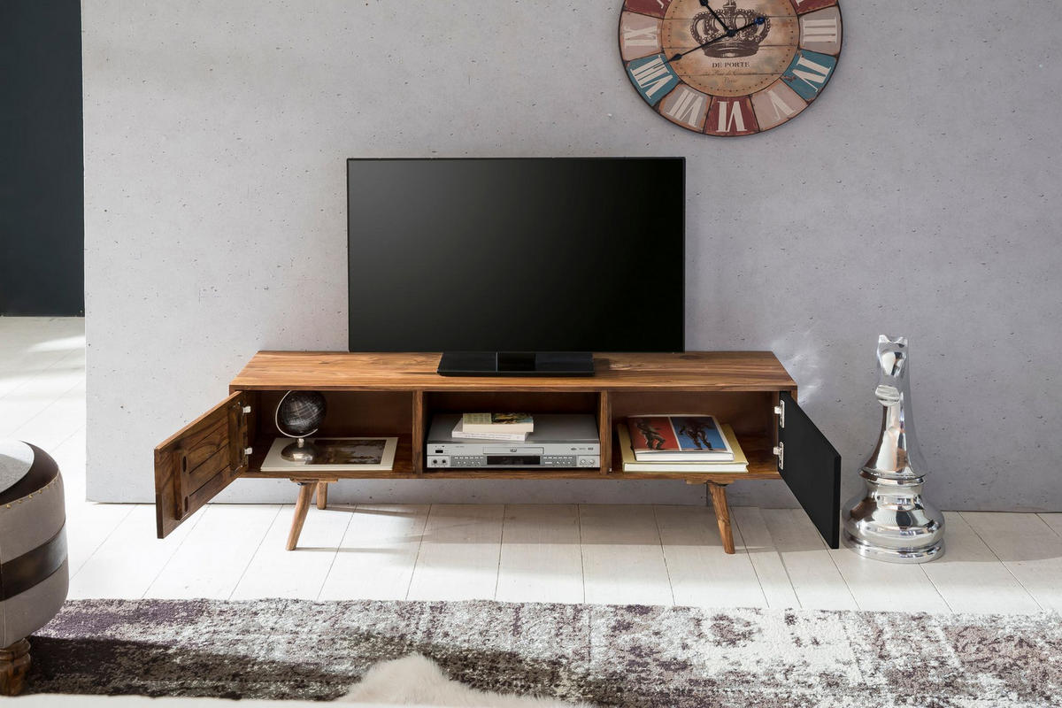 TV-LOWBOARD Massivholz, rustikaler Landhausstil, einzigartige Maserung, Schwarz 140x35x45 cm - Dunkelbraun/Schwarz, Holz (140/45/35cm) - KADIMA DESIGN