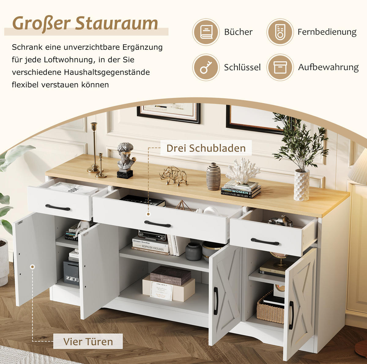 KOMODA od MDF-a 160x37x75 cm bijela s 3 ladice, 4 vrata i uskim dizajnom za odlaganje - bijela, drvni materijal (160/75/37cm) - Modfu