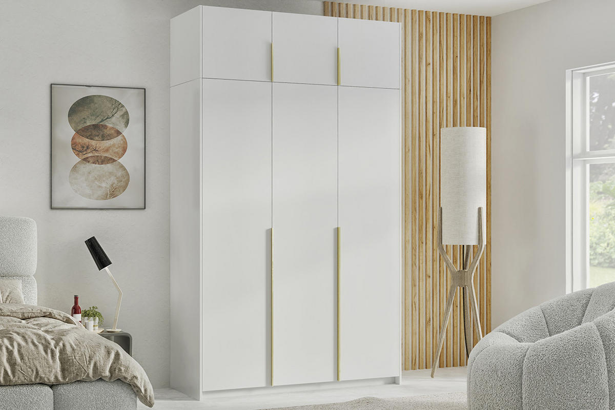 DREHTÜRENSCHRANK Apollonia I ohne Spiegel 150x204cm 3-türig, weiß, goldene Griffe - Goldfarben/Weiß, Kunststoff (58/250/150cm) - Margaret Hadas24