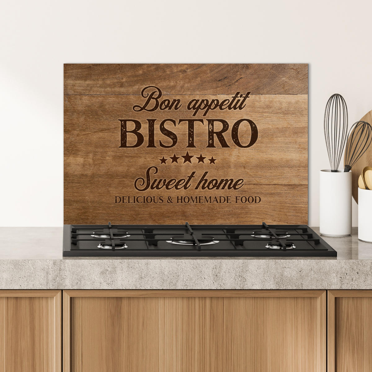 SPRITZSCHUTZ KÜCHE Zitat - Bistro - Guten Appetit - Süßes Zuhause - Holzmaserung 60x40 cm - Braun, Metall (60/0.3/40cm) - MuchoWow