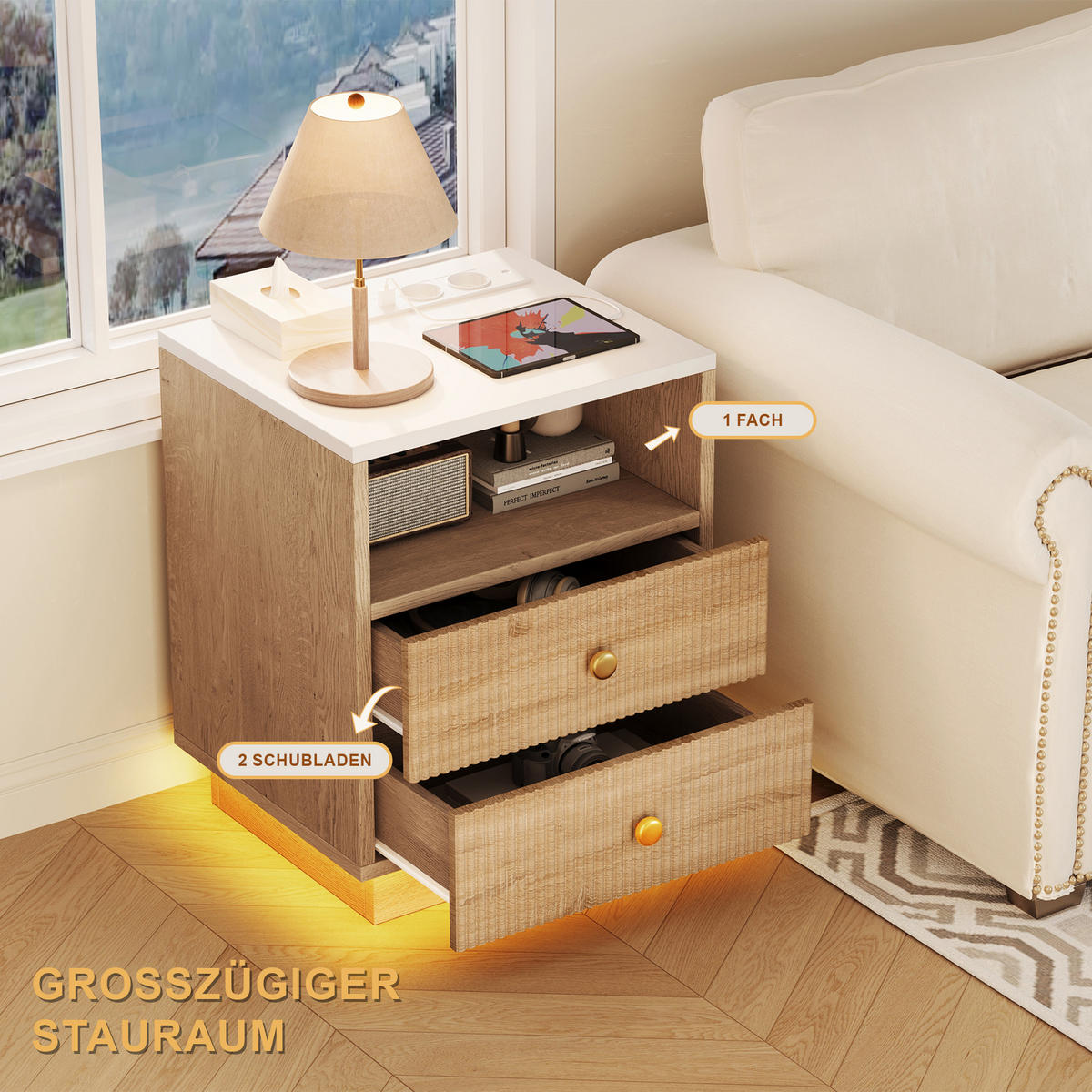 NACHTTISCH Eichenoptik mit LED-Licht & Ladefunktion (2er Set) - Eichefarben, Holzwerkstoff (38/55/44cm) - SHOPENTRA