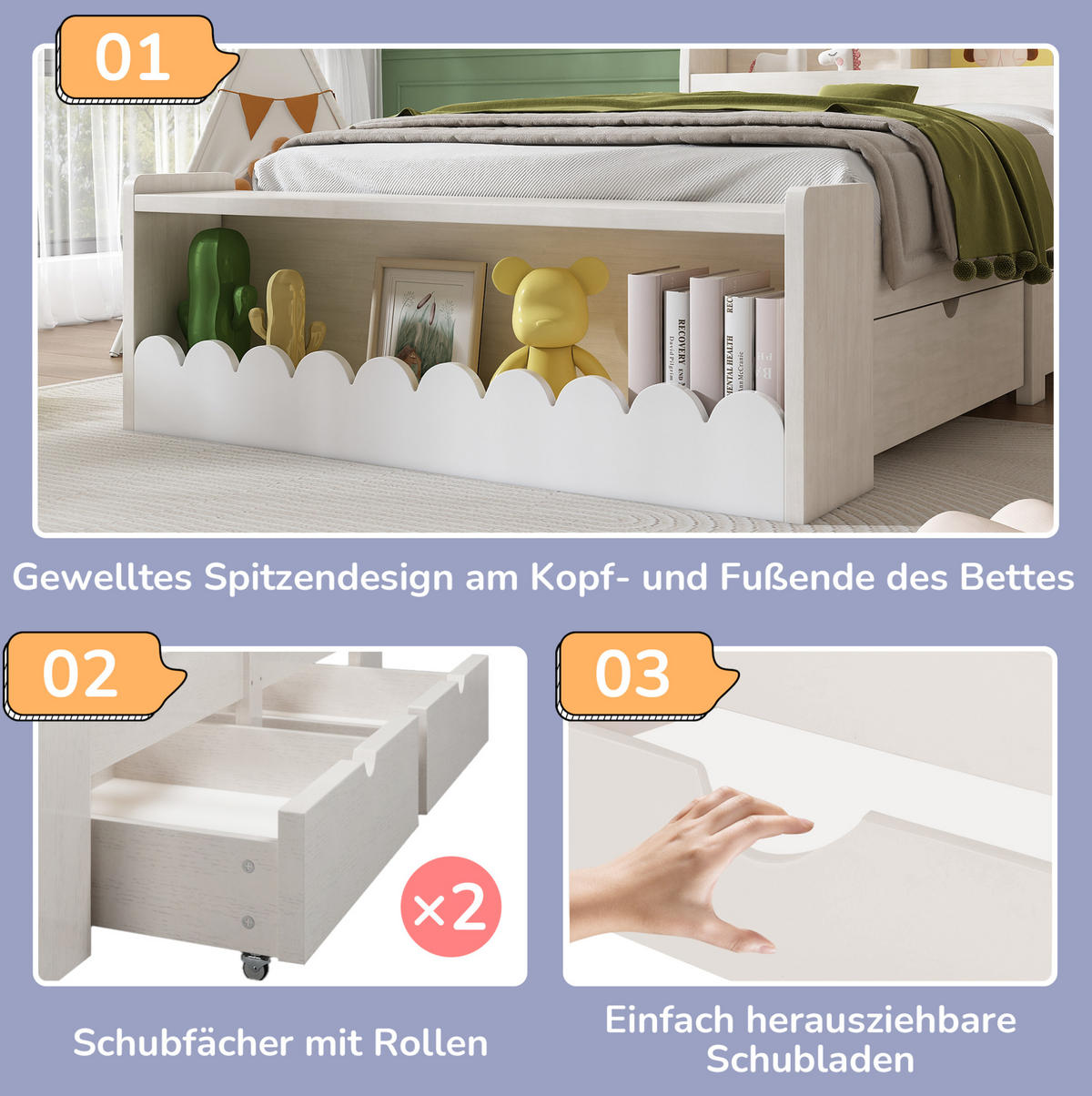 KINDERBETT aus Massivholz und MDF 90x190 cm Weiß/Eichefarben mit Schubladen und Stauraum - Beige, Holzwerkstoff (90/190cm) - IVMEU
