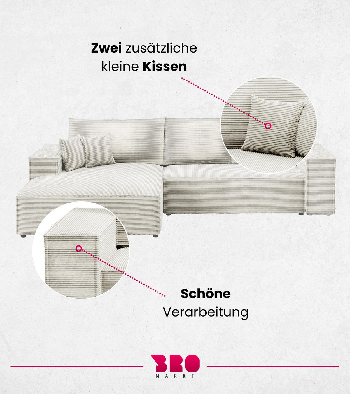 ECKSOFA Pablo mit Schlaffunktion Weiß Cord - Weiß, Textil (294/185cm) - Bromarkt