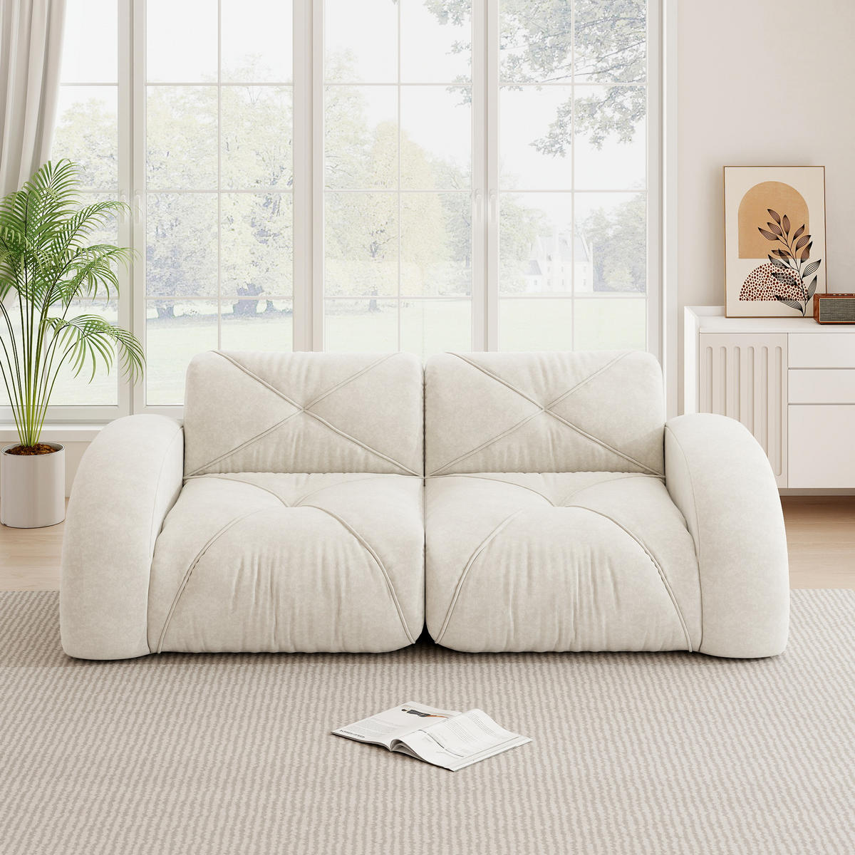MODULÁRNÍ 2místná pohovka světle béžová z chenille s vysokohustotní 32D pěnou bez rámu - bílá, textil (95/76/204cm) - OKWISH