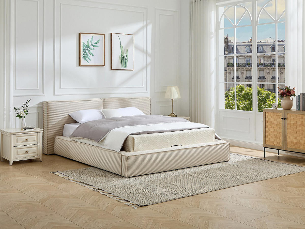 BETT mit Bettkasten - 2 Personen - samt - beige Taveso - Weiß, Textil (160/200cm) - Vente-Unique
