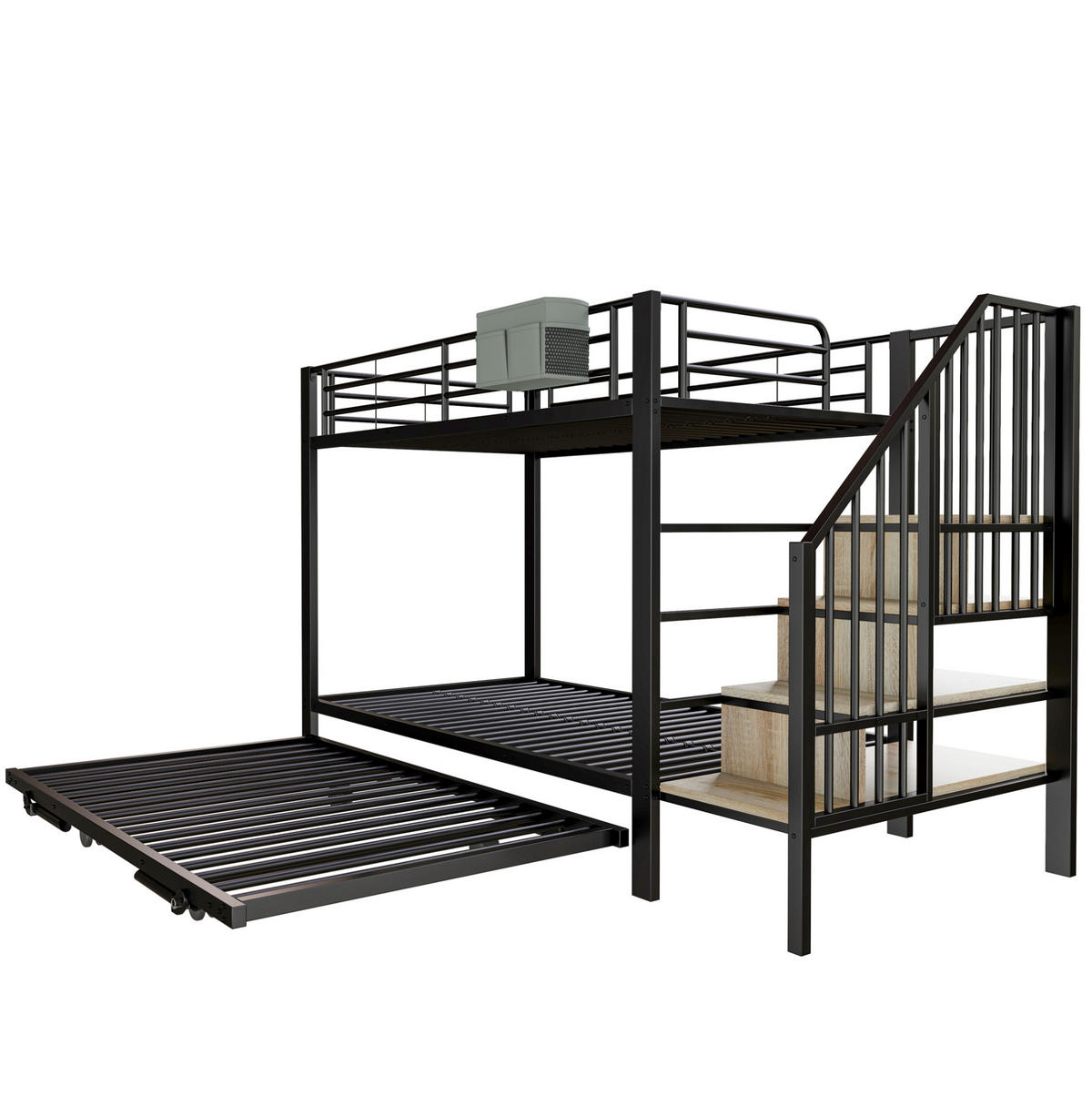 ETAGENBETT aus Metall 90x200/180x200 cm Schwarz mit Ausziehbett, Stauraumtreppe und Stofftasche - Schwarz, Metall (90/200cm) - Modfu