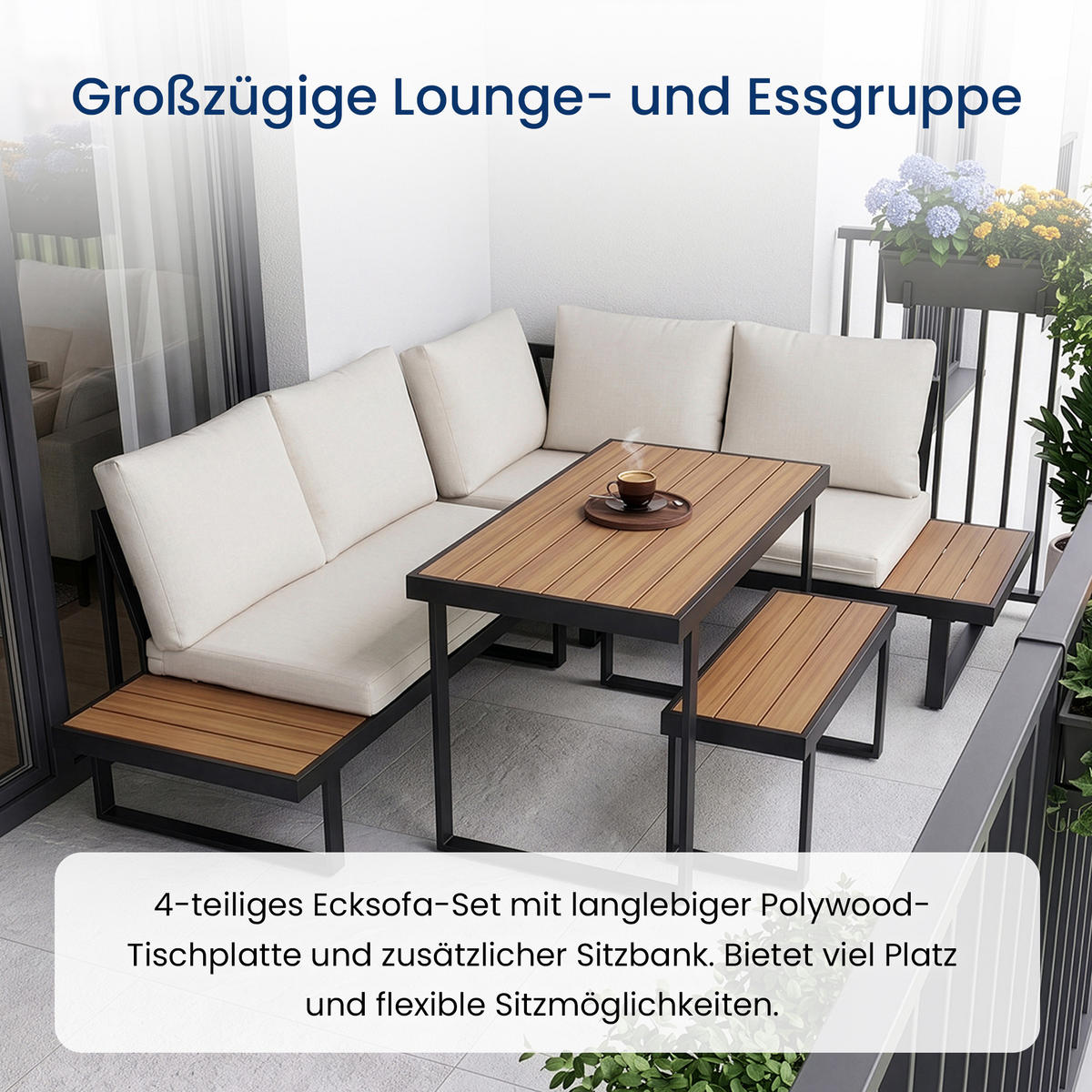GARTENMÖBEL-SET mit 2 Zweisitzern. 1 Esstisch und 1 Bank. schwarz. beige und dunkle Eiche - Beige/Schwarz, Metall - Home Collective