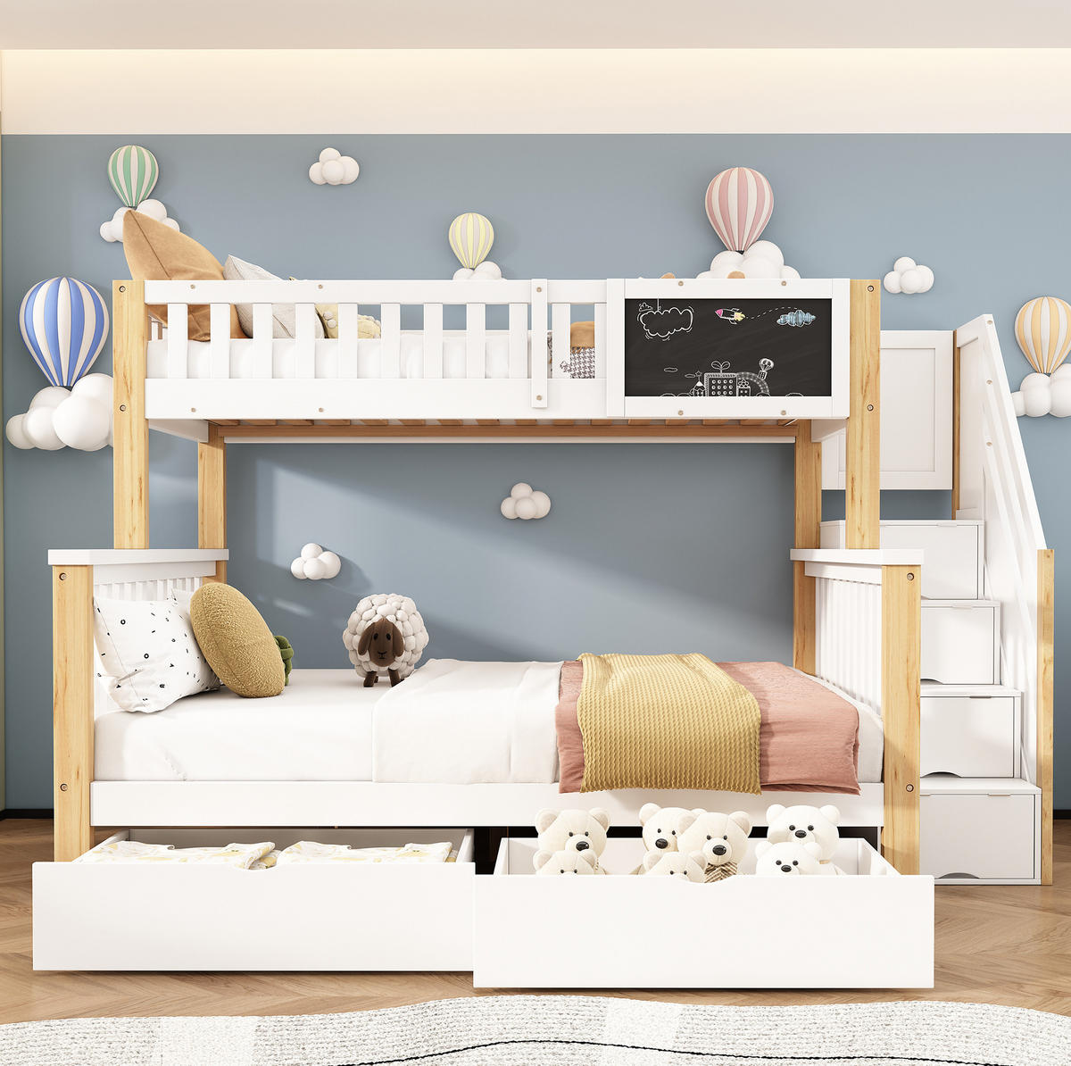 ETAGENBETT 90/200 &140/200 cm mit Tafel, Treppe und Schubladen, viel Stauraum, Weiß/Helle Eiche - Weiß, Holz (90/200cm) - Redom