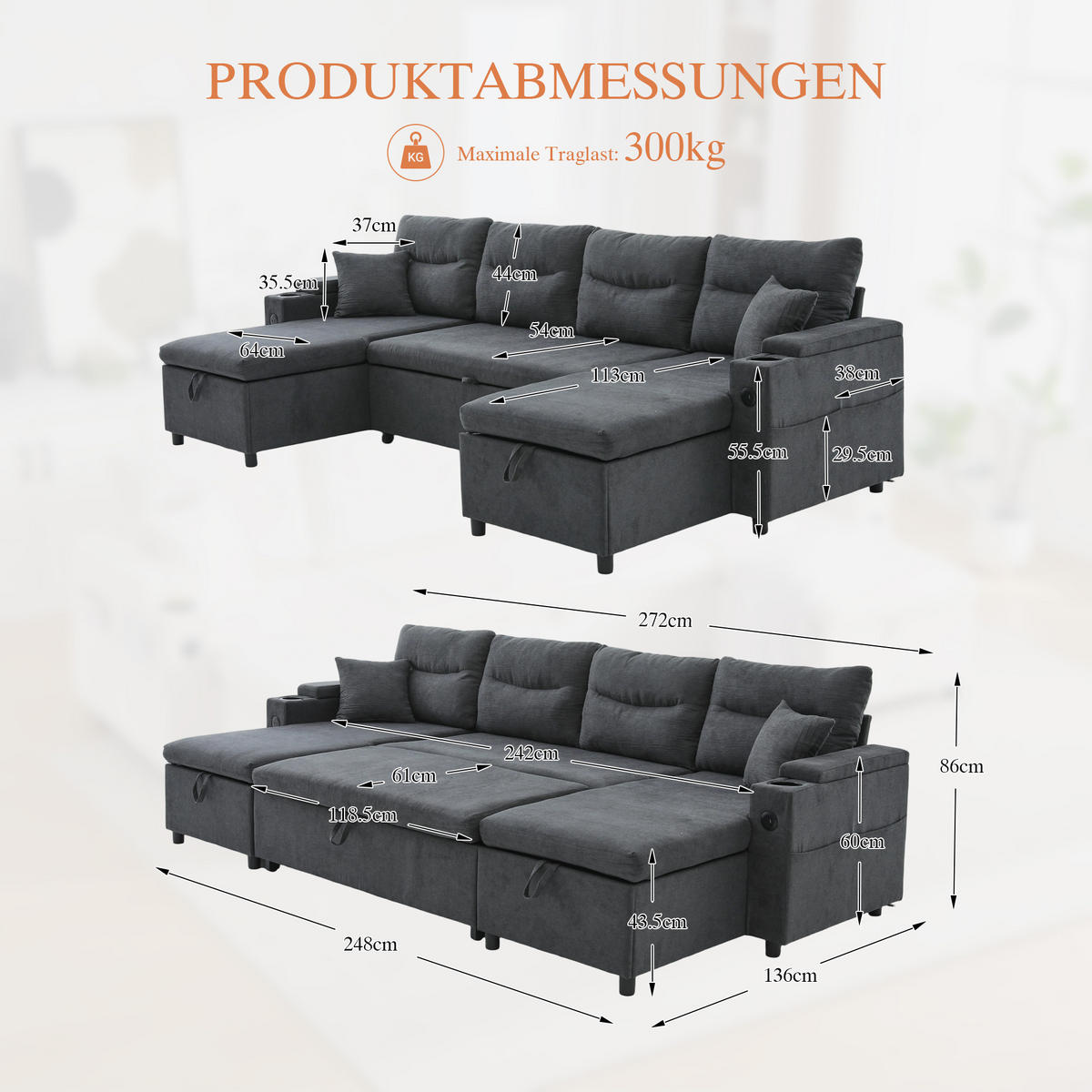 SCHLAFSOFA 4-Sitzer mit Chaiselongues, USB und Stauraum, Dunkelgrau - Dunkelgrau, Textil (272/86/136cm)