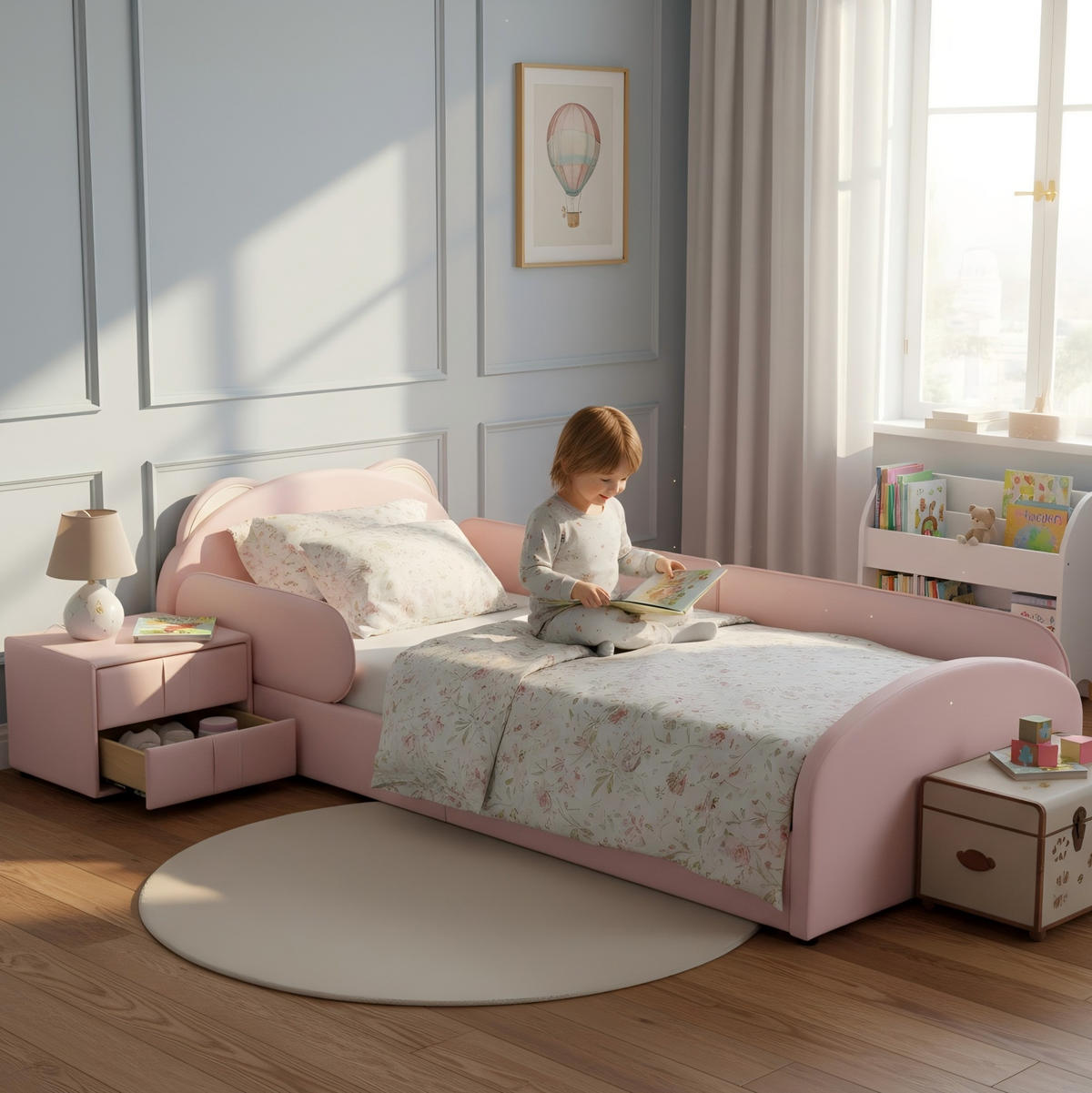 KINDERBETT 90/200 cm in Rosa mit Bären-Kopfteil und Nachttisch - Rosa, Textil (90/200cm) - BEAOK