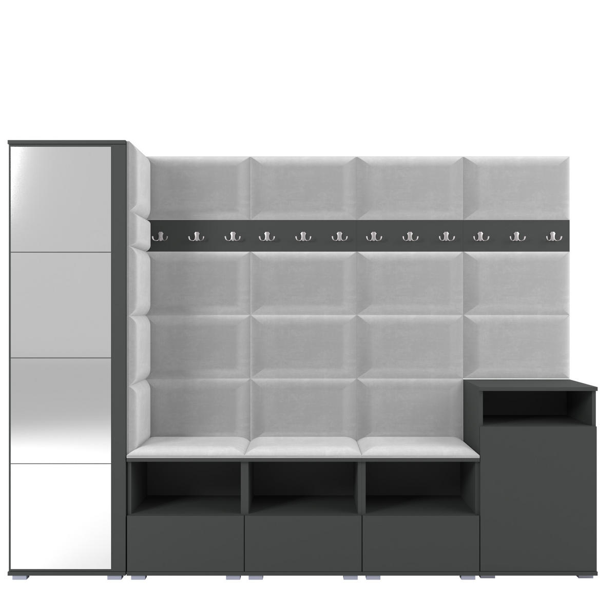 GARDEROBE NELA XI 250 cm (Modulare Flurmöbel Graphit mit Spiegel & Sitzpolster Hellgrau 32 Großes Set) - Silberfarben/Hellgrau, Holz/Holzwerkstoff (250/187/40cm) - Ravio