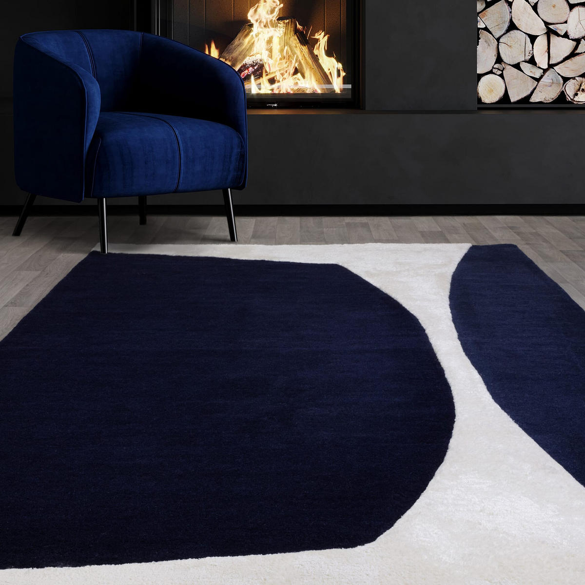 TEPPICH Wolle Viskose handgetuftet hoch-tief abstrakt HULL-Tickton, Dunkelblau 120x170 cm - Dunkelblau, Textil (120/170cm) - KADIMA DESIGN