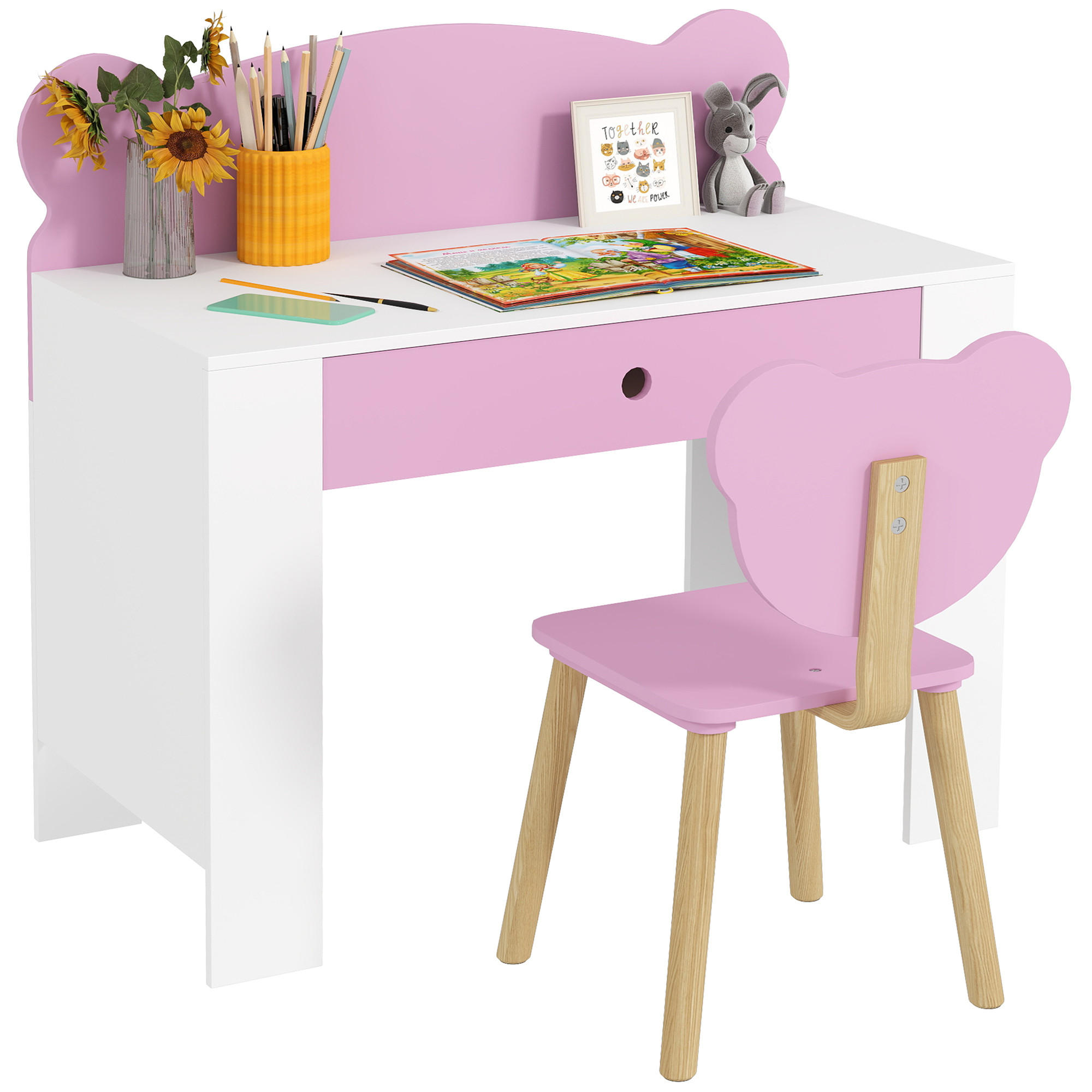 SCHREIBTISCH-SET DE-10473 mit Bärenform & Schublade Rosa - Pink, Holzwerkstoff (80/74.5/41cm) - ComfortXL