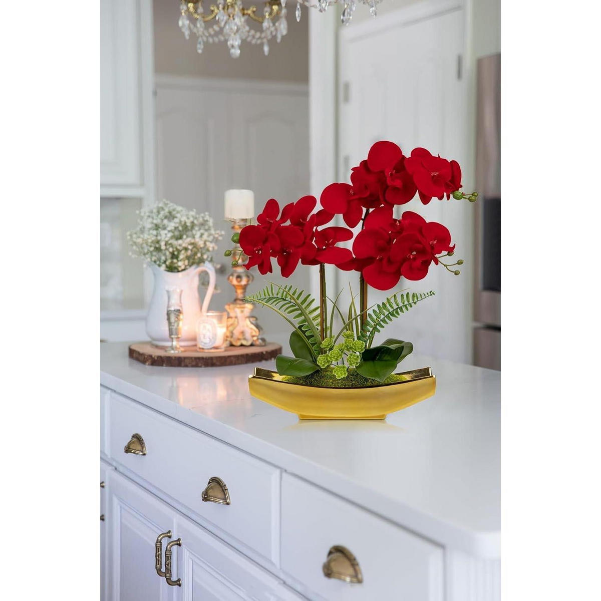 KÜNSTLICHE Orchidee Phalaenopsis Rot im goldenen Topf 38 cm - Rot, Kunststoff (40cm)