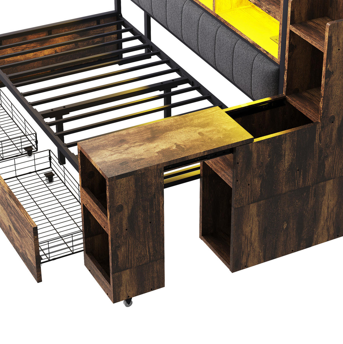 BETT 90/200 cm in Holzfarbe aus Metall und Holz mit Schreibtisch - Naturfarben, Metall (90/200cm) - OKMYHOME