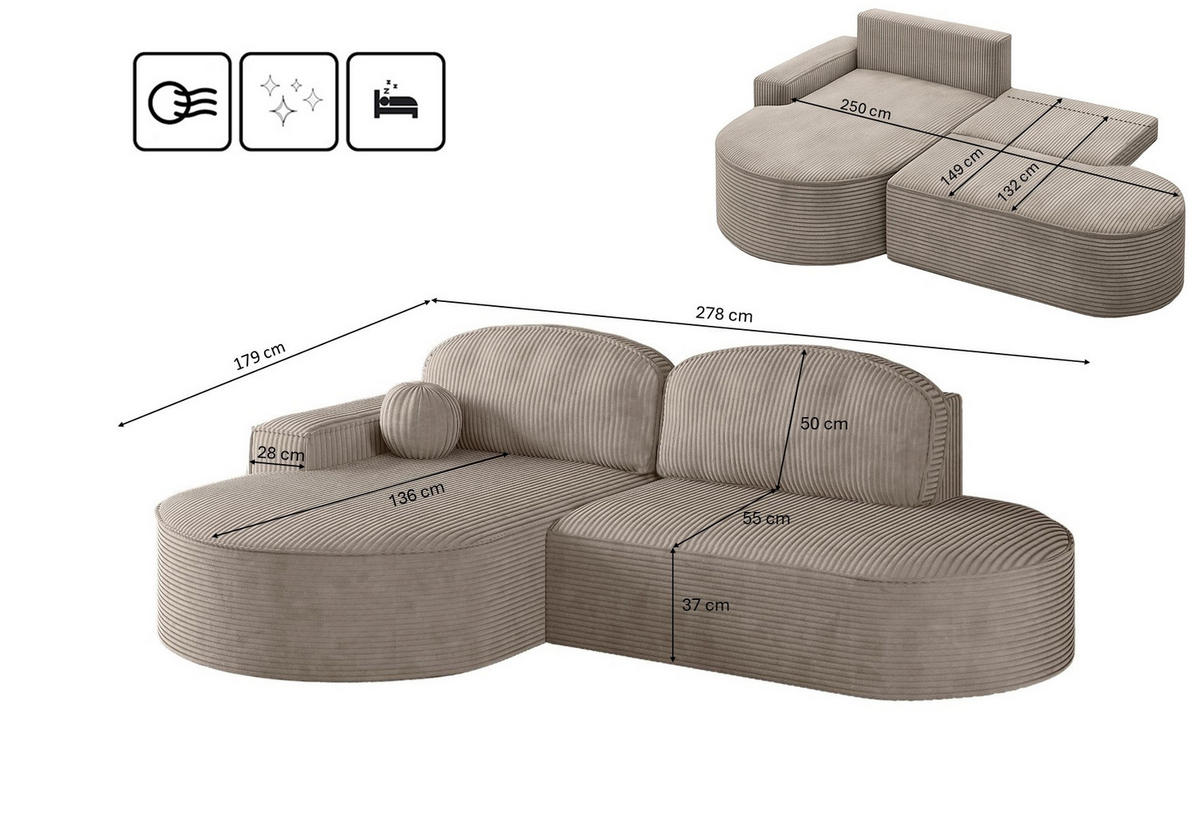 ECKSOFA mit Schlaffunktion und Bettkasten Modena Runden stoff Poso Dunkelbeige Links - Cappuccino, Holz/Textil (179/278cm) - Kaiser Möbel