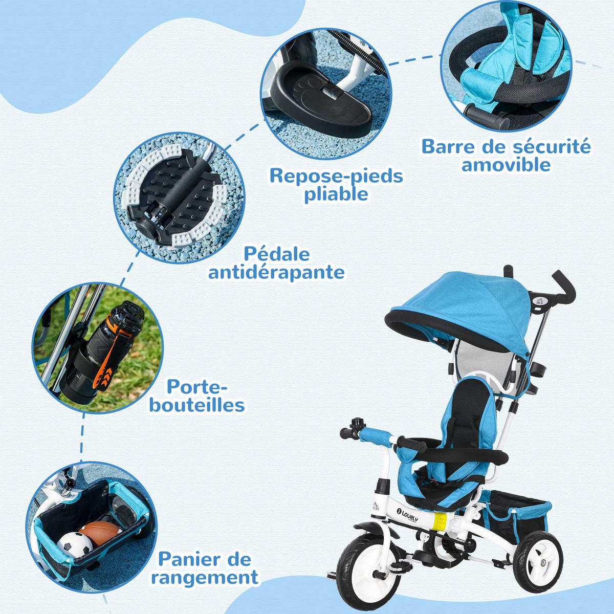 DREIRAD DE-18945 6-in-1 mit Sonnenschutz & Teleskopgriff Blau - Blau, Kunststoff (95/50/106cm) - ComfortXL